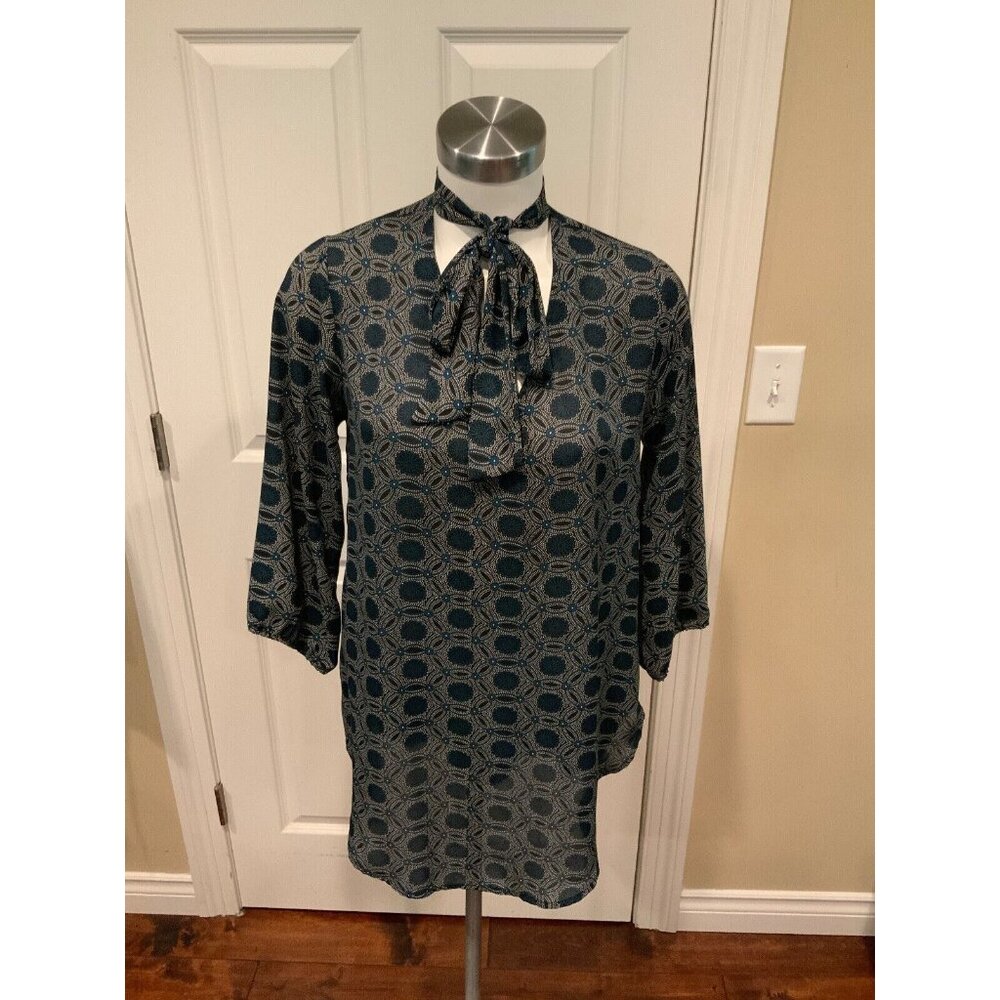 Allison Joy Black, Blue & White Floral Patterned Shirt W/Neck Tie Blouse, Size M